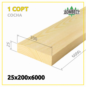 Строганная доска 25х200х6000 мм, сорт 1, сосна